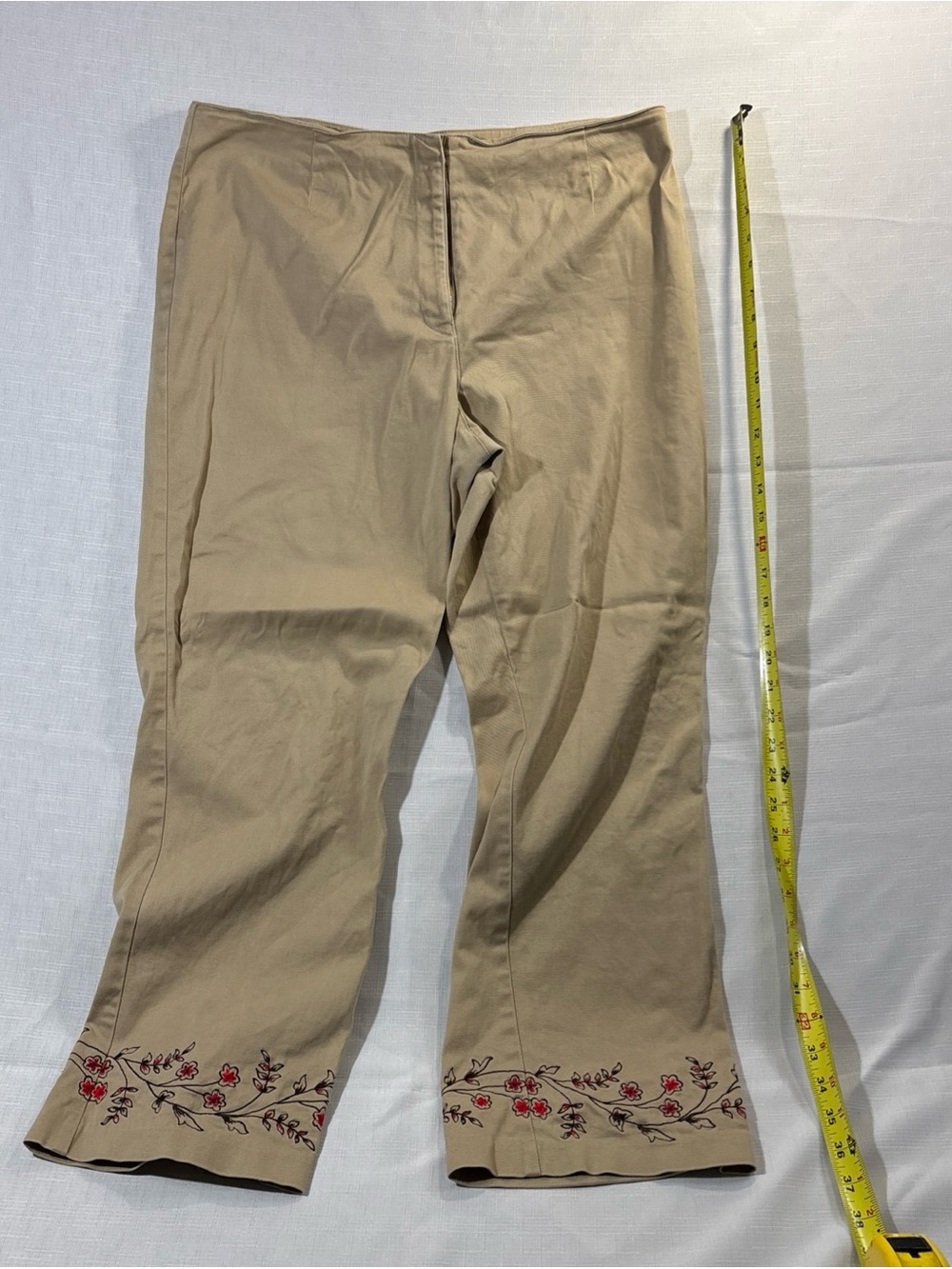Ann Taylor Khaki Cropped Pants with Red Floral Embroidery